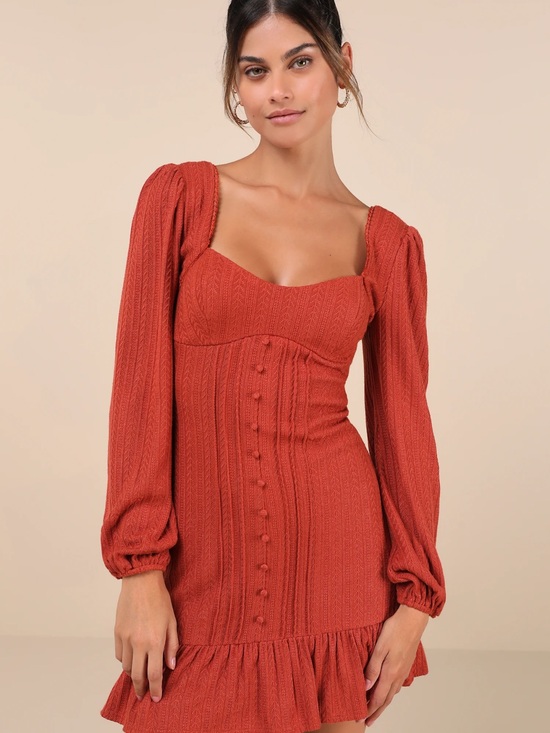 Lulus Dresses & Skirts - Lulu's Rust Ribbed Square-Neck Long-Sleeve Mini Dress